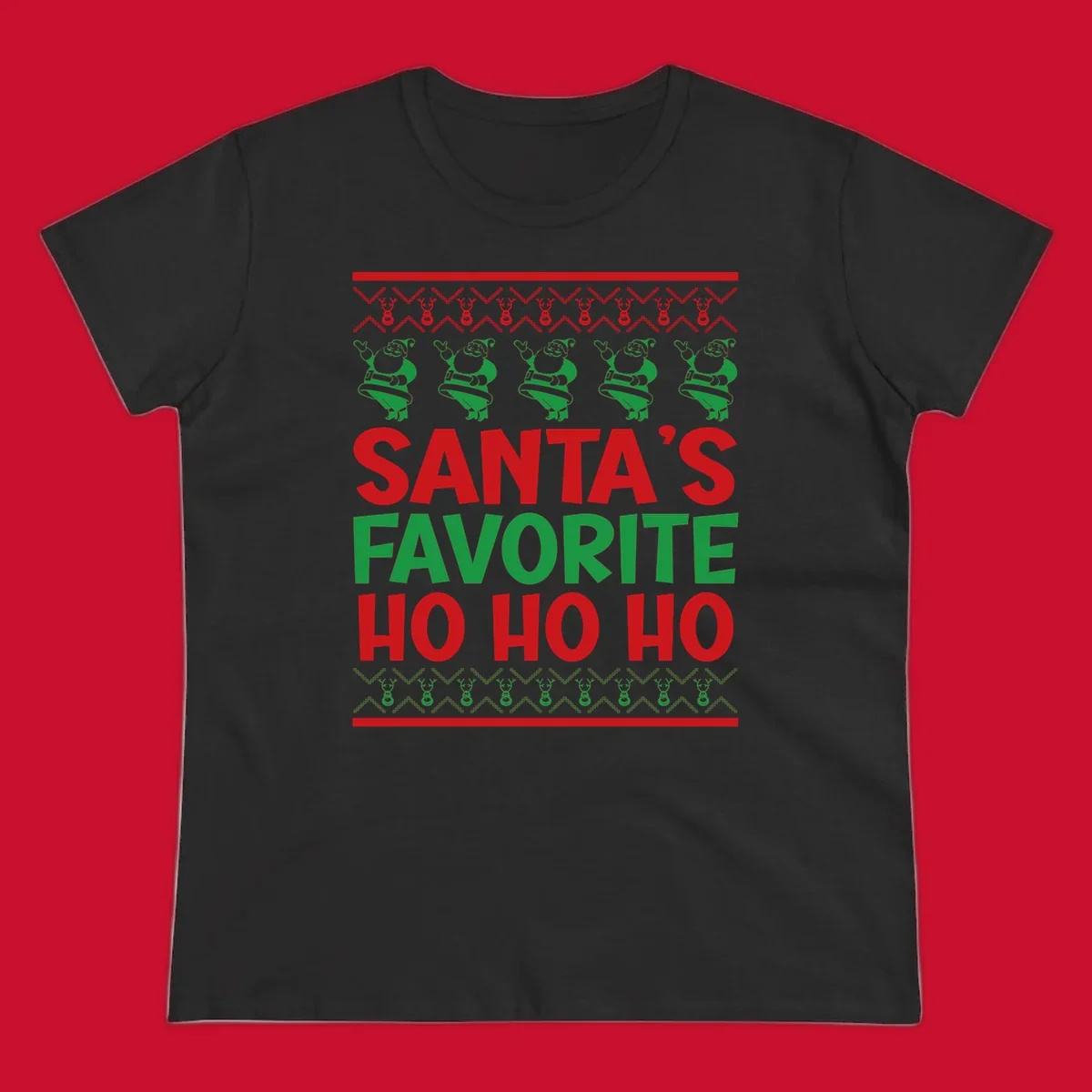 Santa's Favorite Ho Ho Ho text with Santa and reindeer graphics, ugly Christmas sweater style.