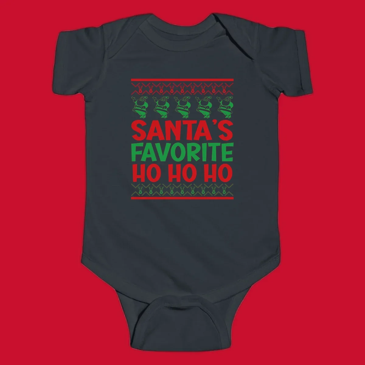 Santa's Favorite Ho Ho Ho text with Santa and reindeer graphics, ugly Christmas sweater style.
