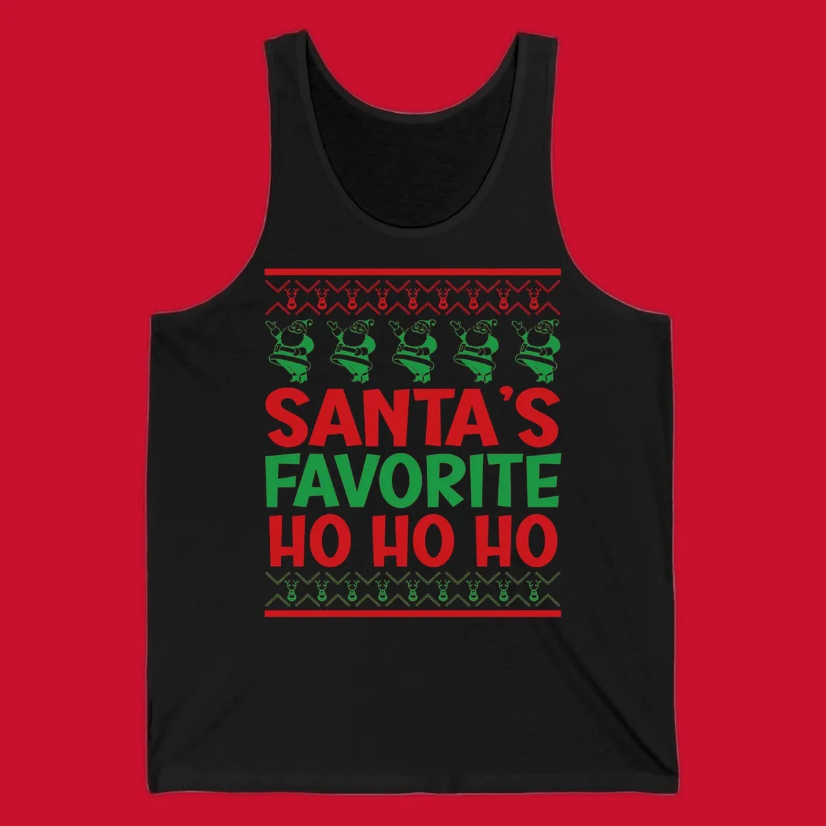Santa's Favorite Ho Ho Ho text with Santa and reindeer graphics, ugly Christmas sweater style.