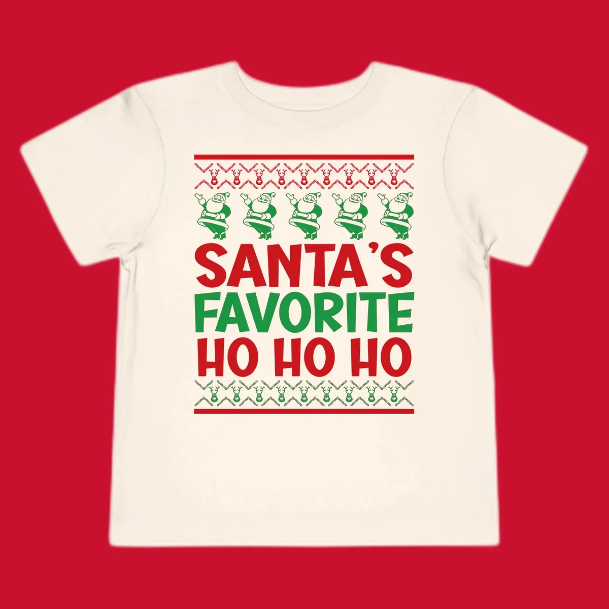 Santa's Favorite Ho Ho Ho text with Santa and reindeer graphics, ugly Christmas sweater style.