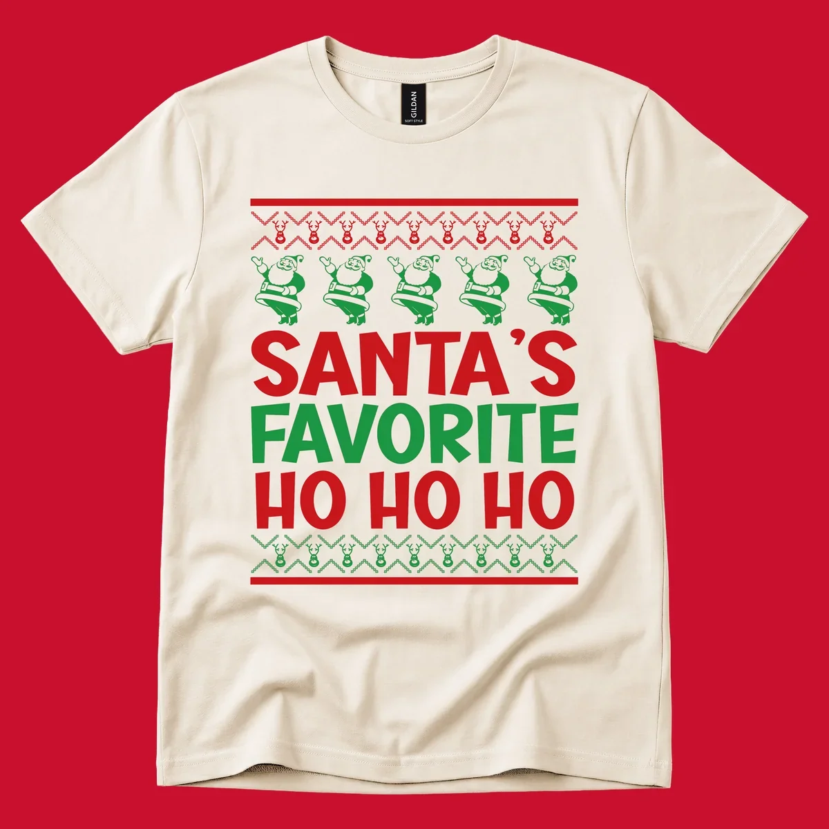 Santa's Favorite Ho Ho Ho text with Santa and reindeer graphics, ugly Christmas sweater style.