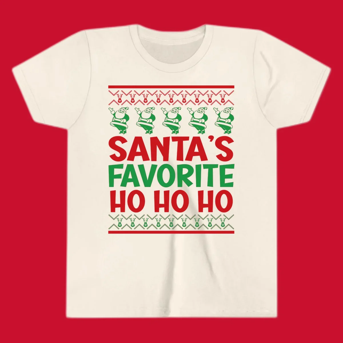 Santa's Favorite Ho Ho Ho text with Santa and reindeer graphics, ugly Christmas sweater style.
