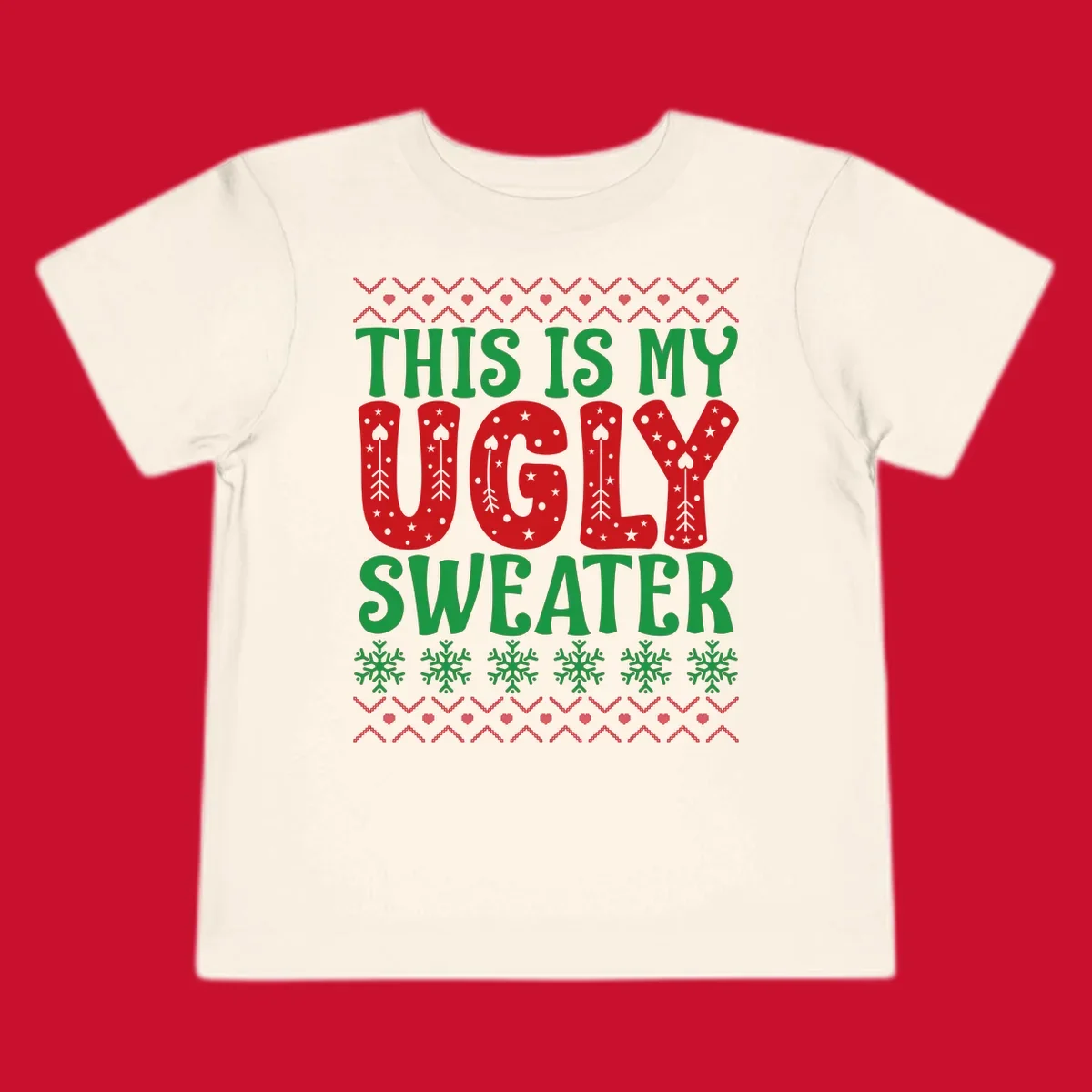 This Is My Ugly Sweater statement graphic with festive holiday elements.