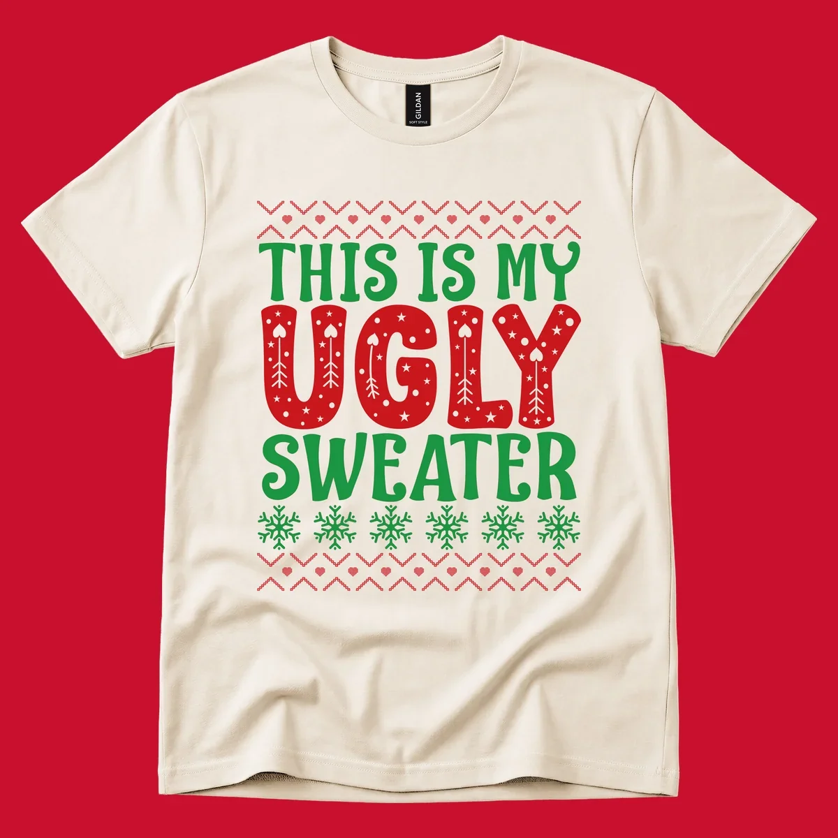 This Is My Ugly Sweater statement graphic with festive holiday elements.