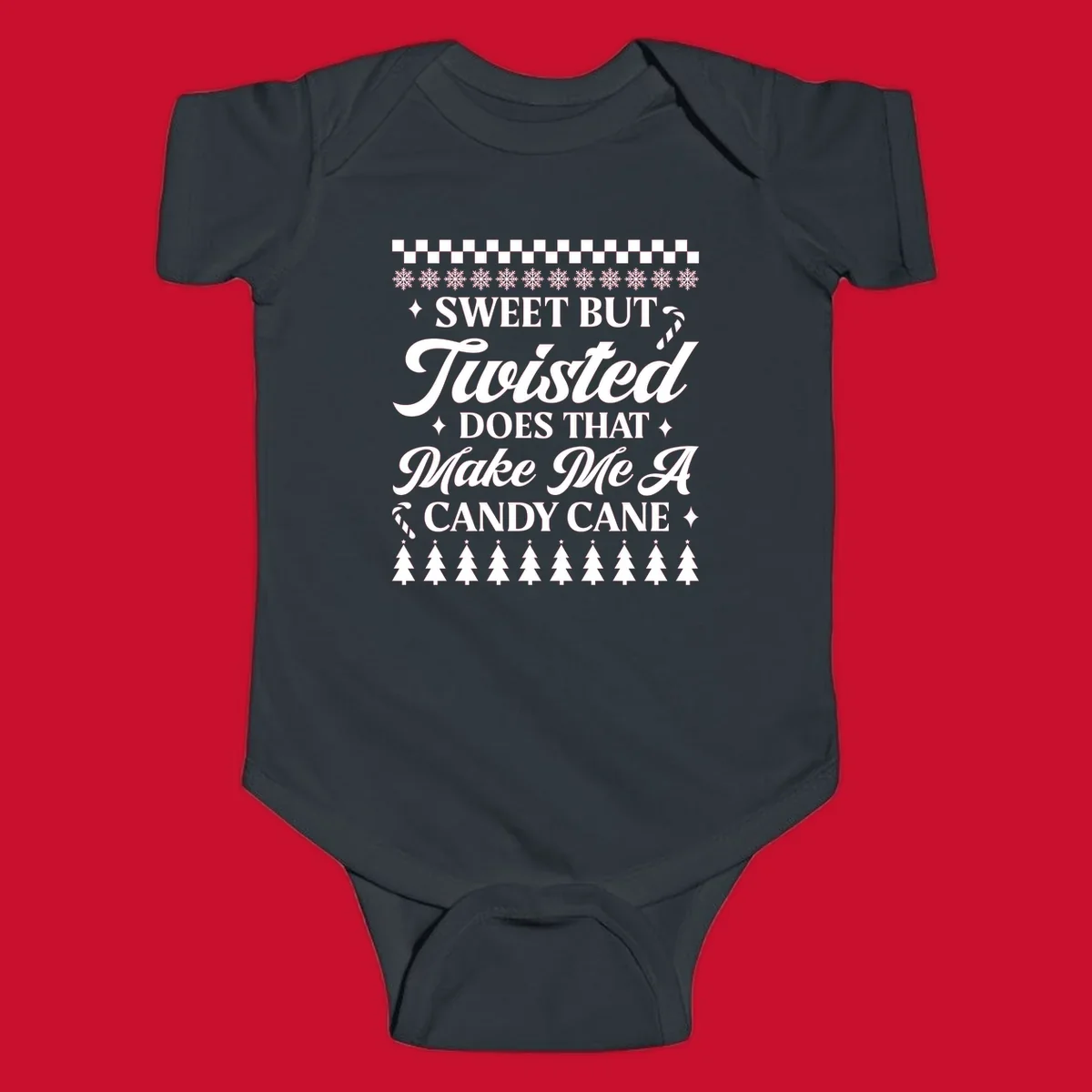 Sweet but twisted candy cane Christmas phrase with snowflakes and trees.