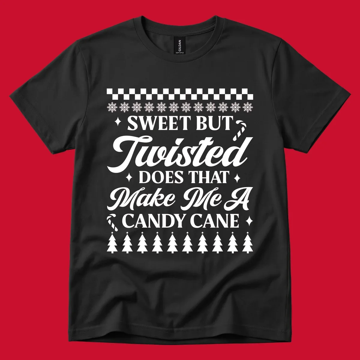 Sweet but twisted candy cane Christmas phrase with snowflakes and trees.