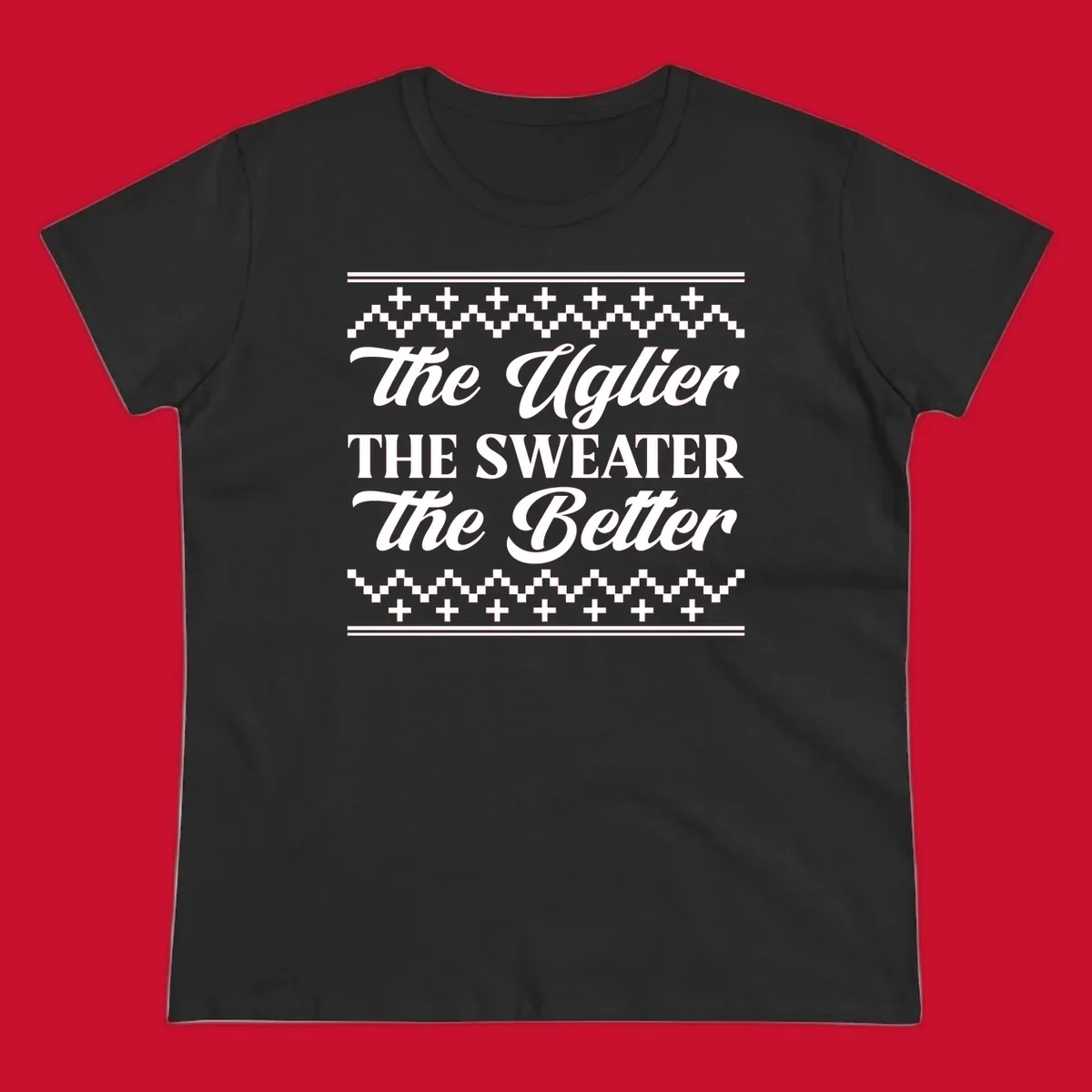 Text design 'The Uglier The Sweater The Better' with geometric borders, for ugly sweater parties.