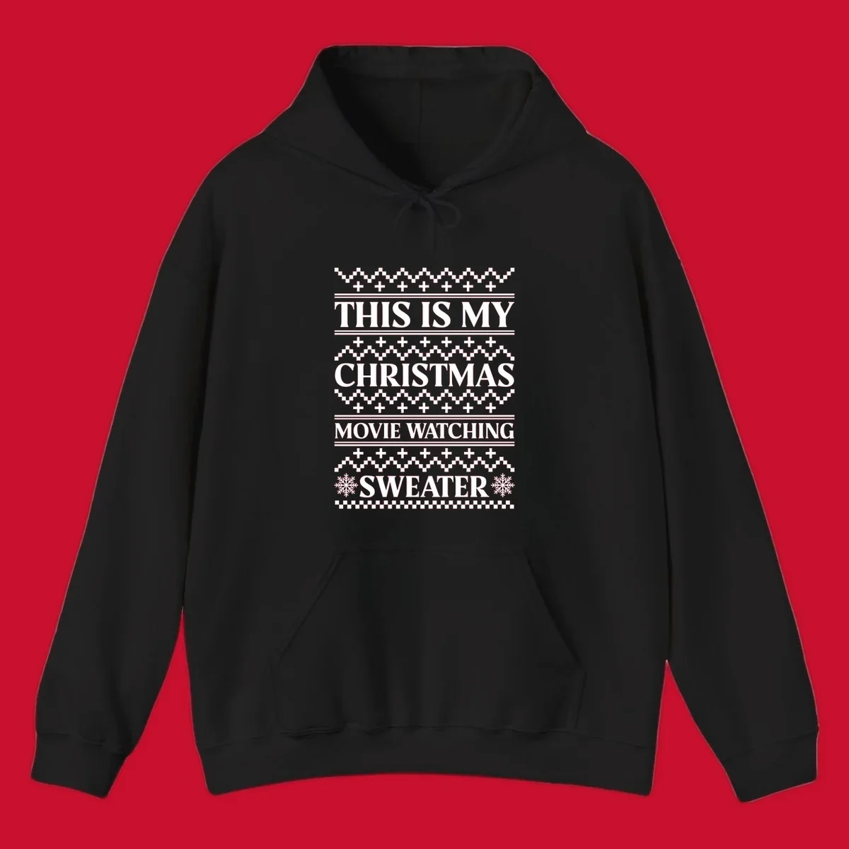 Christmas movie watching sweater with bold text and festive patterns.