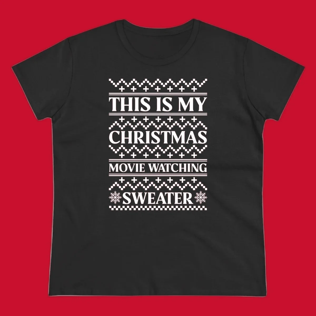 Christmas movie watching sweater with bold text and festive patterns.