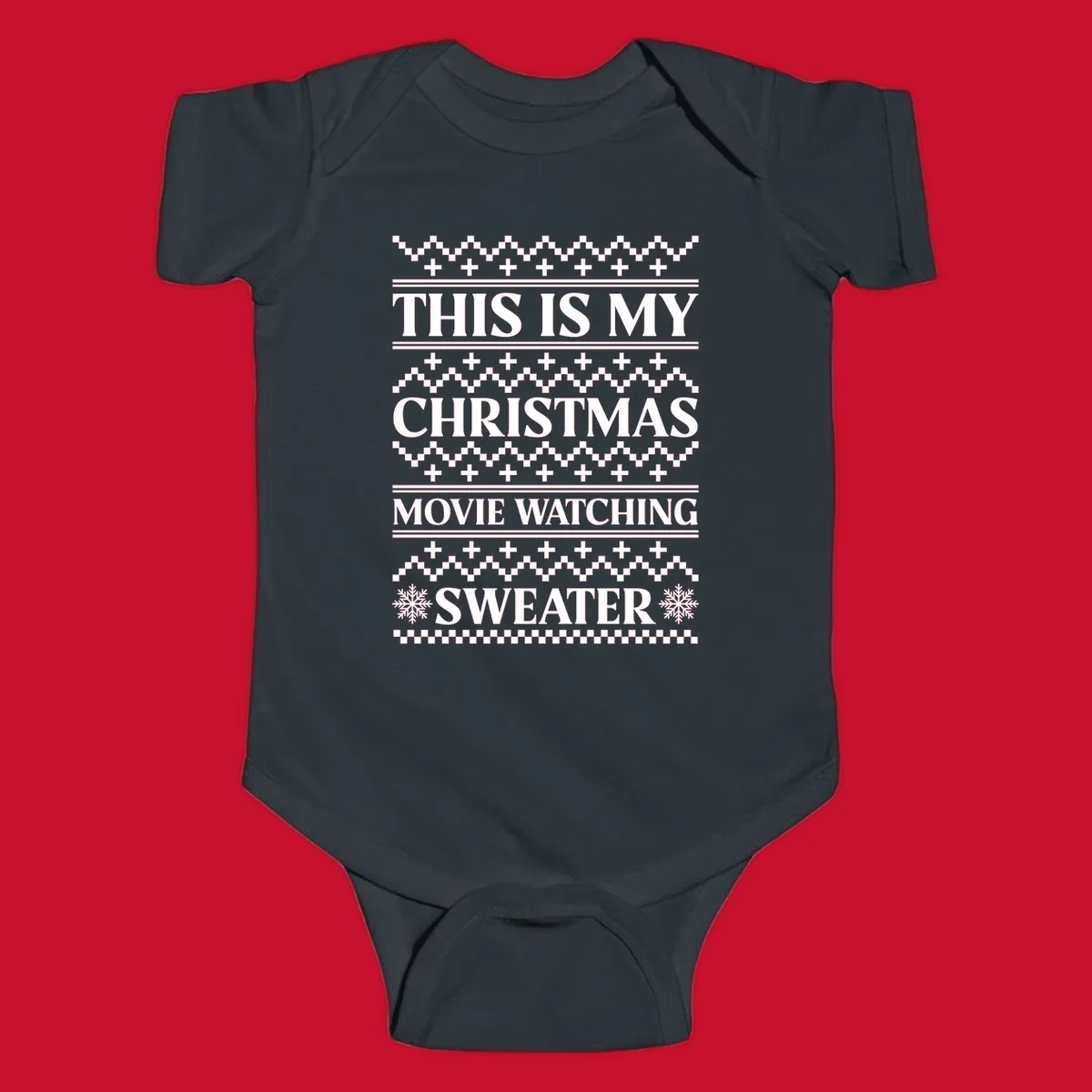 Christmas movie watching sweater with bold text and festive patterns.