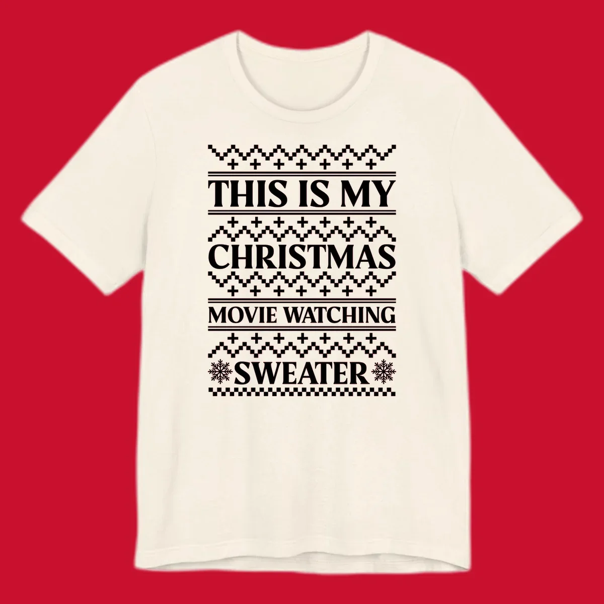 Christmas movie watching sweater with bold text and festive patterns.