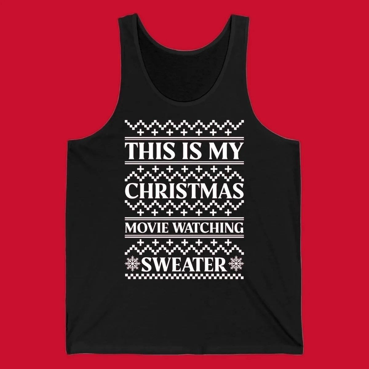 Christmas movie watching sweater with bold text and festive patterns.