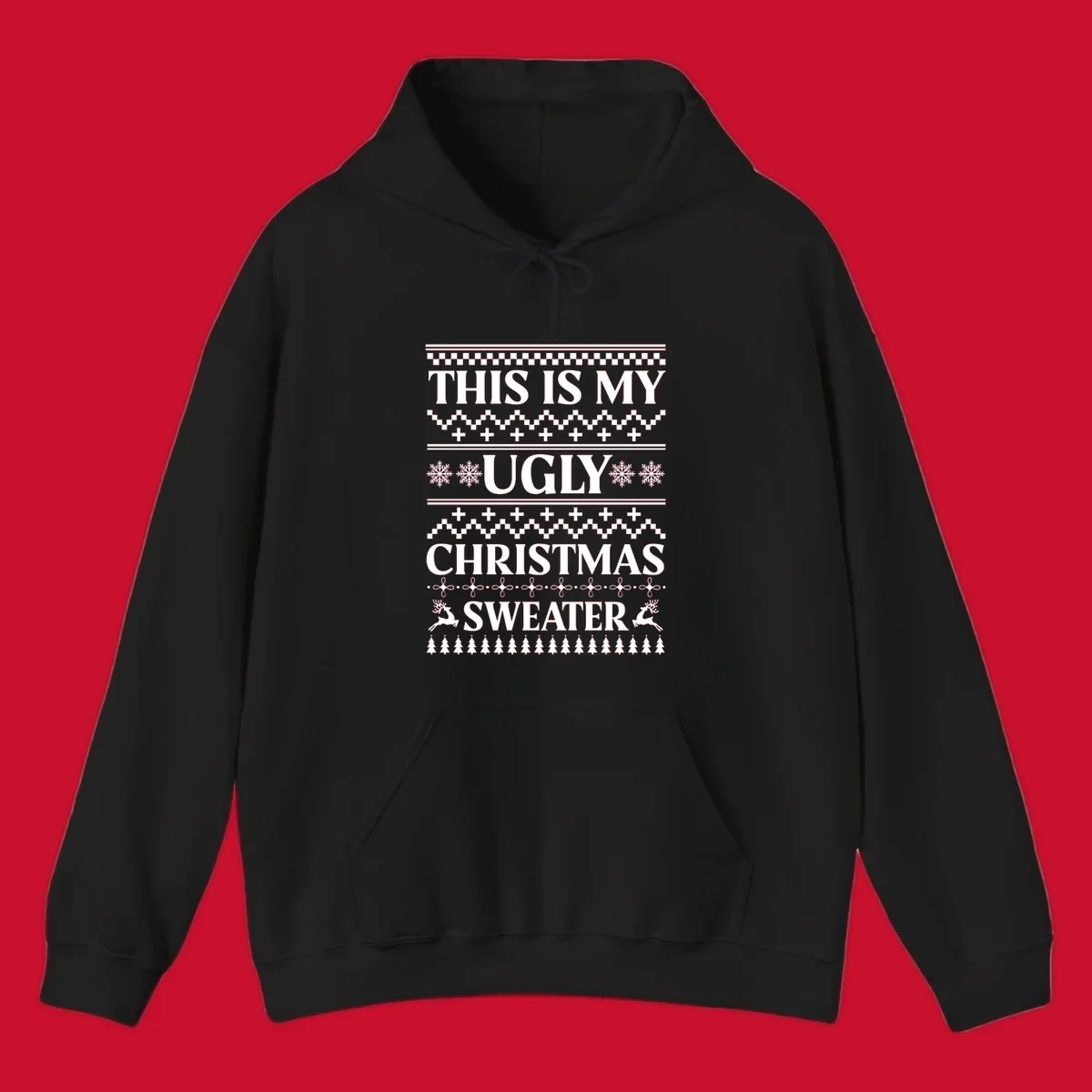 Ugly Christmas Sweater design with text, snowflakes, reindeer, and trees.