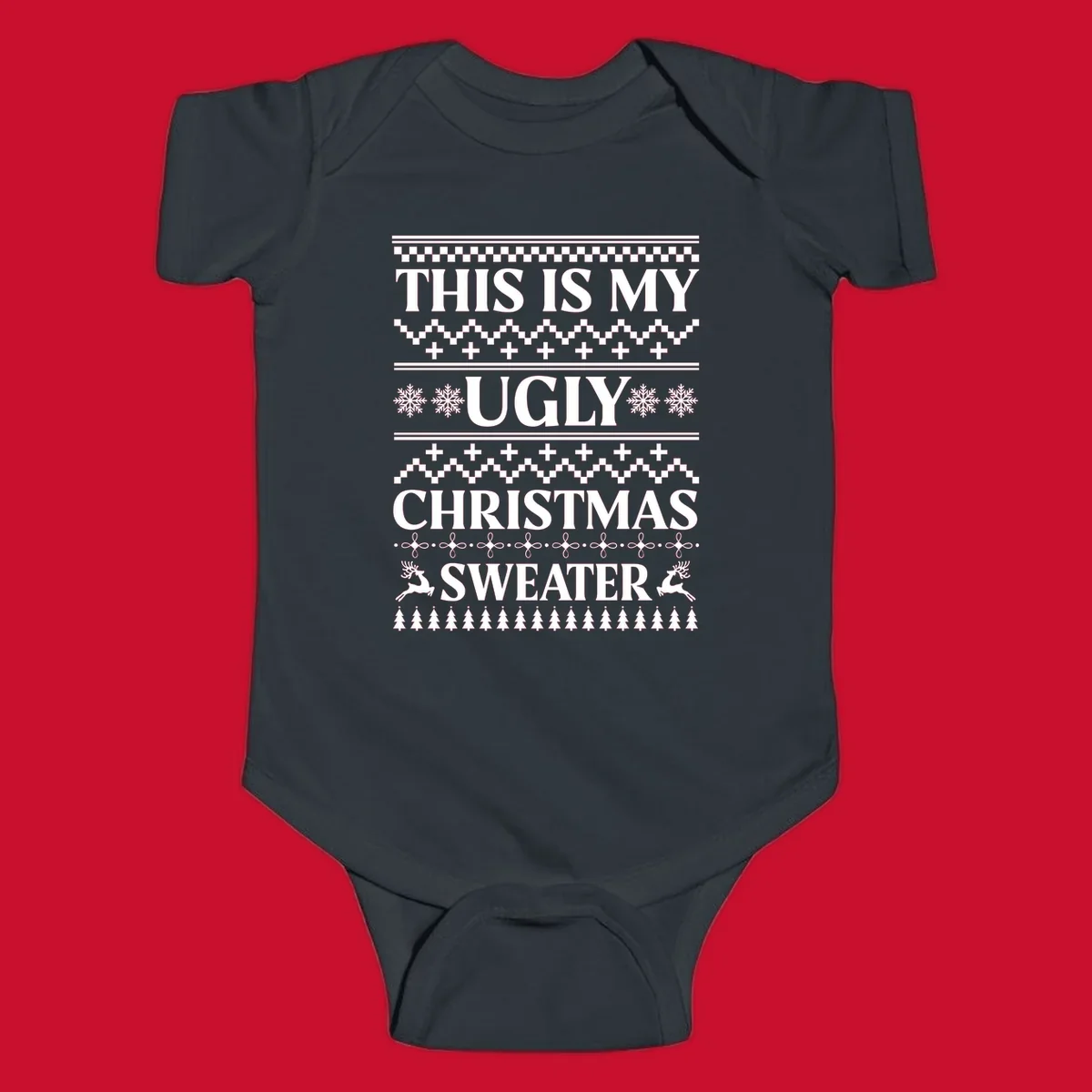 Ugly Christmas Sweater design with text, snowflakes, reindeer, and trees.