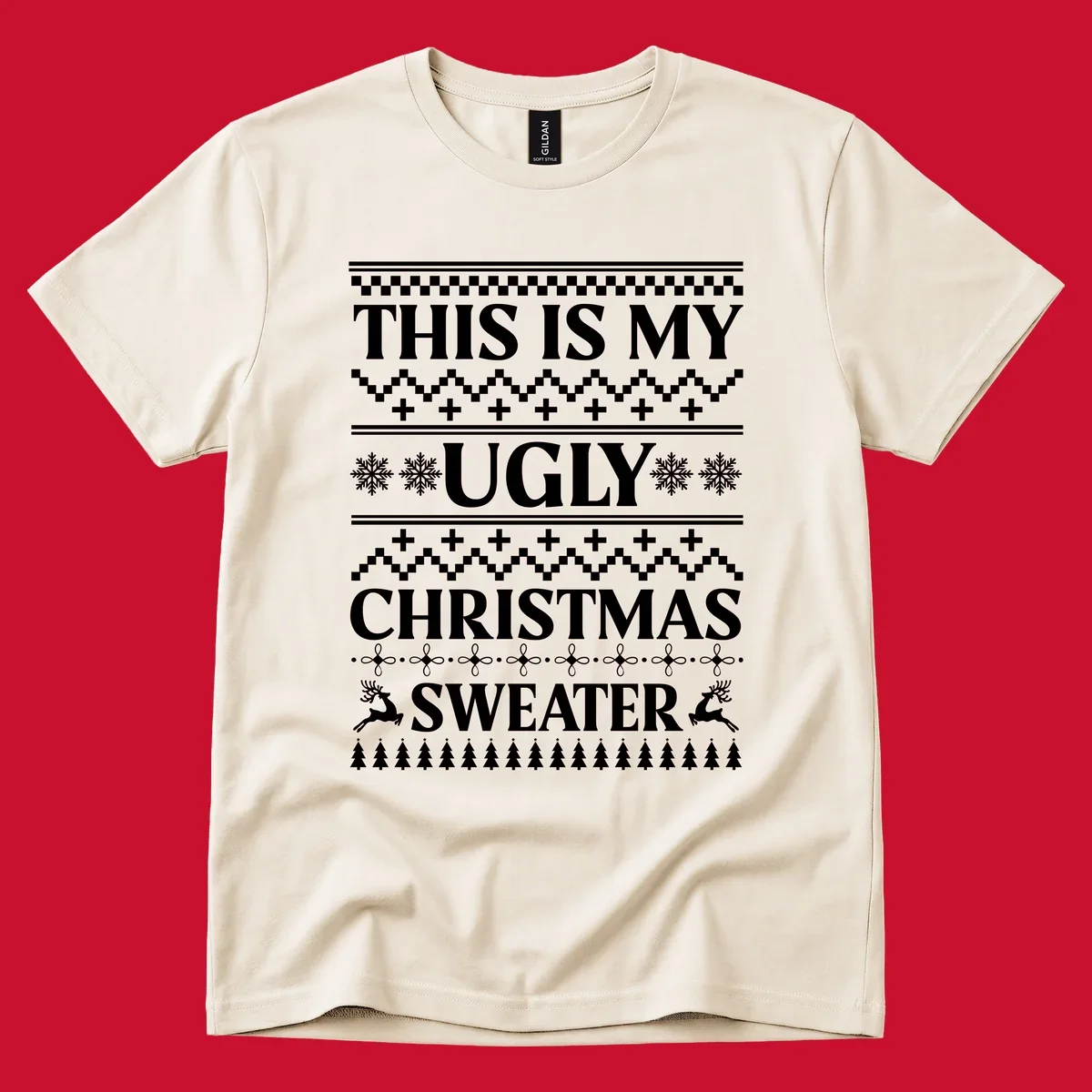 Ugly Christmas Sweater design with text, snowflakes, reindeer, and trees.