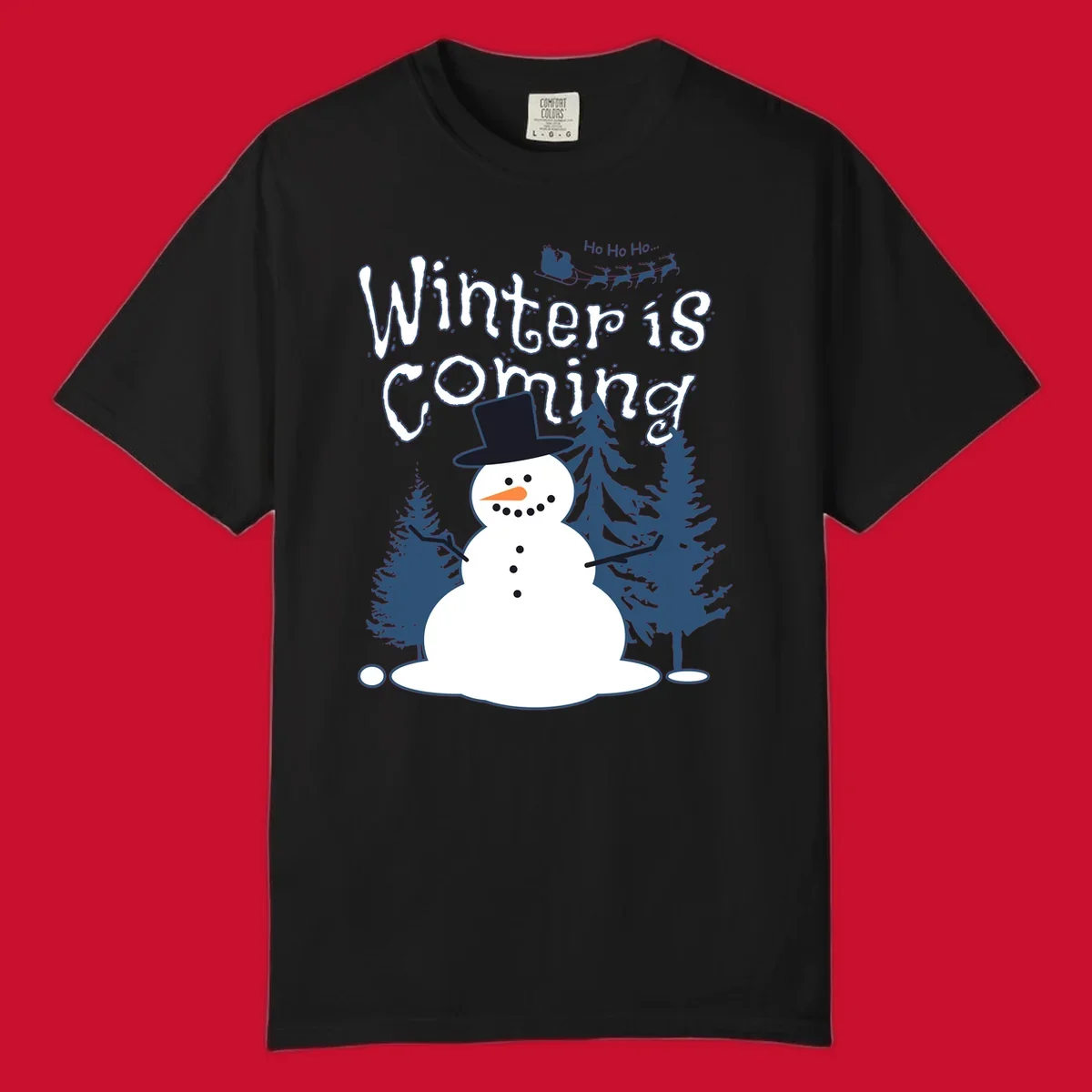 Winter is coming snowman with trees and Santa sleigh illustration.