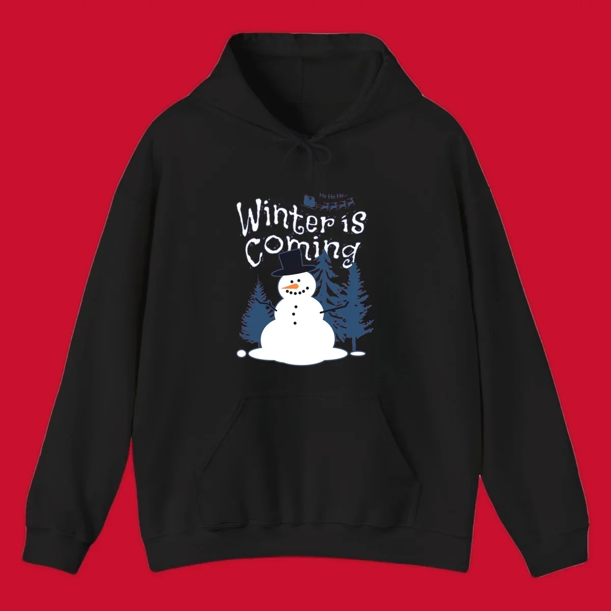Winter is coming snowman with trees and Santa sleigh illustration.
