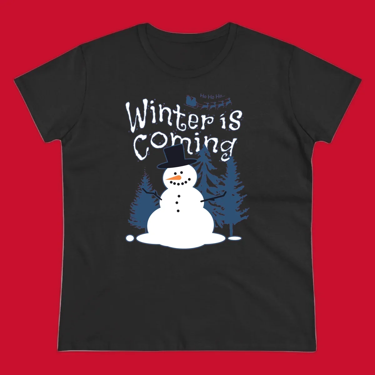 Winter is coming snowman with trees and Santa sleigh illustration.