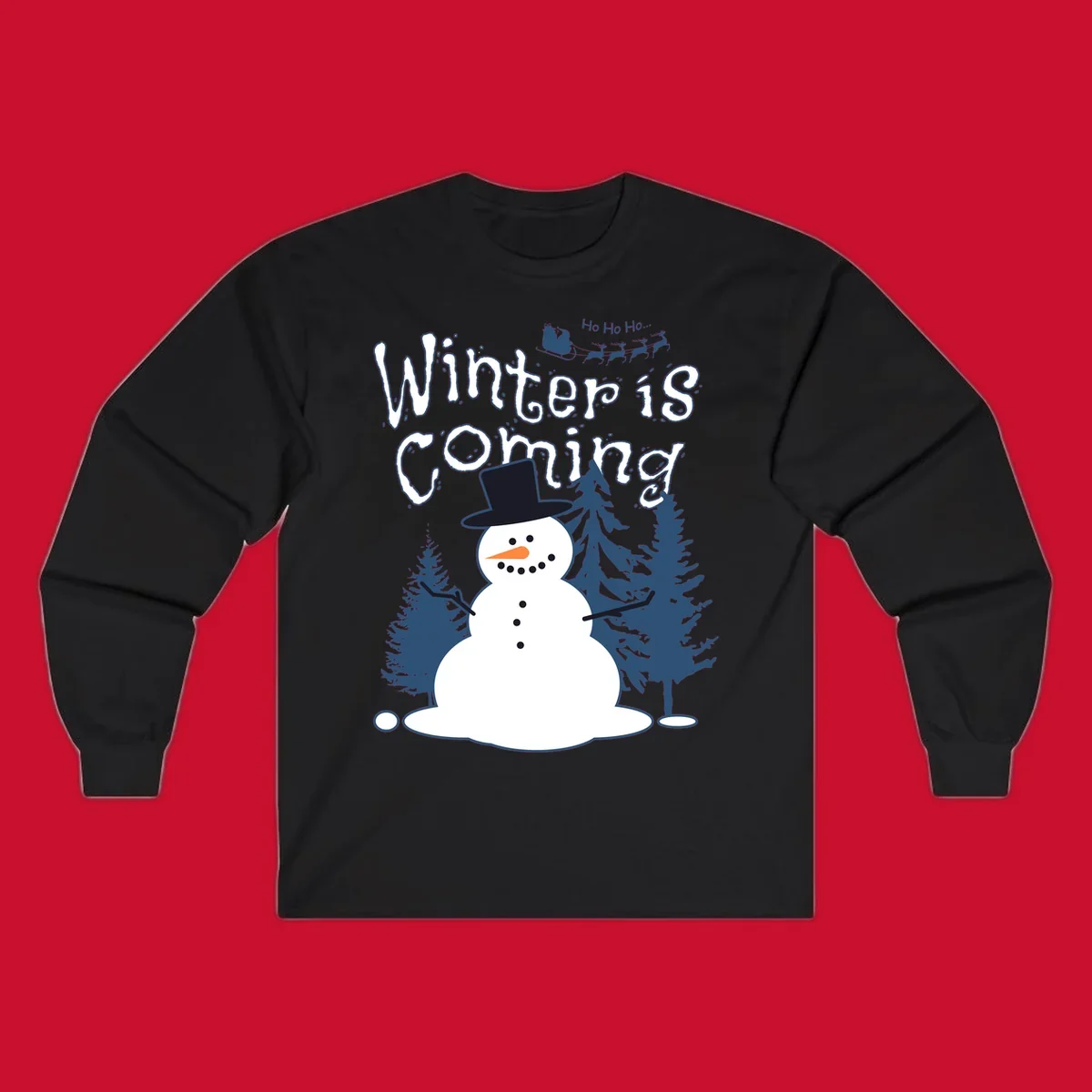Winter is coming snowman with trees and Santa sleigh illustration.