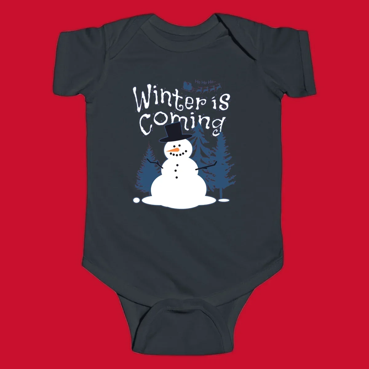 Winter is coming snowman with trees and Santa sleigh illustration.