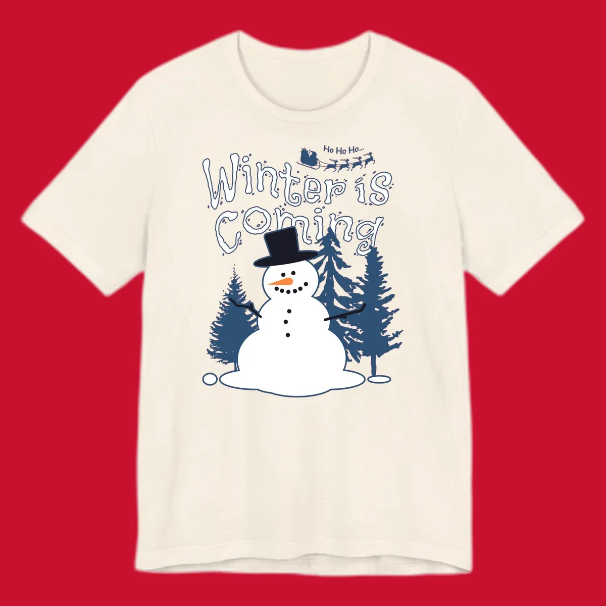 Winter is coming snowman with trees and Santa sleigh illustration.