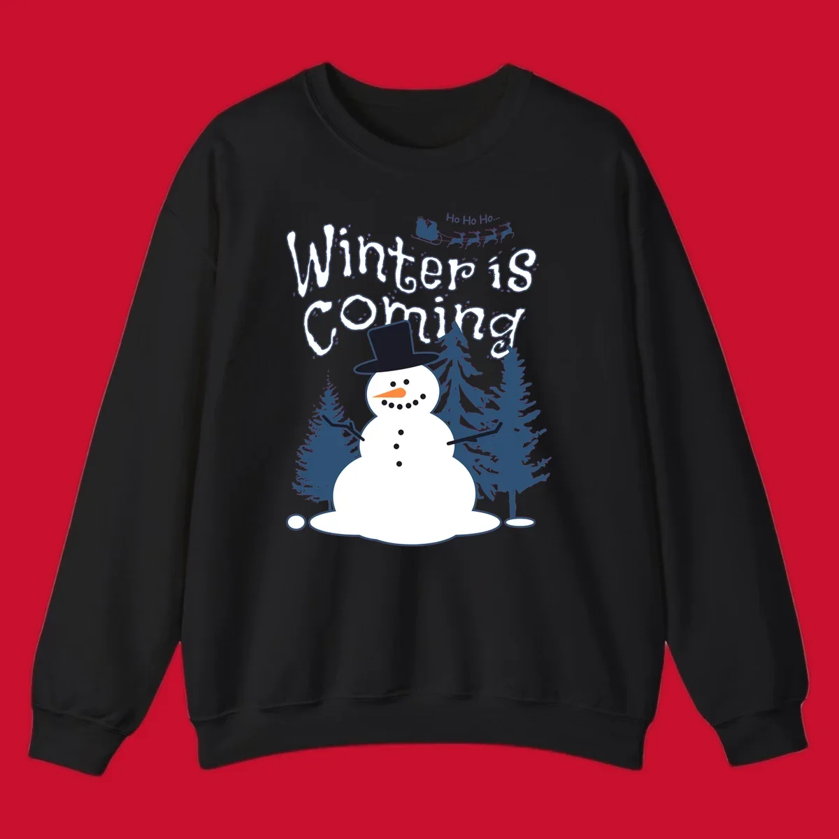 Winter is coming snowman with trees and Santa sleigh illustration.