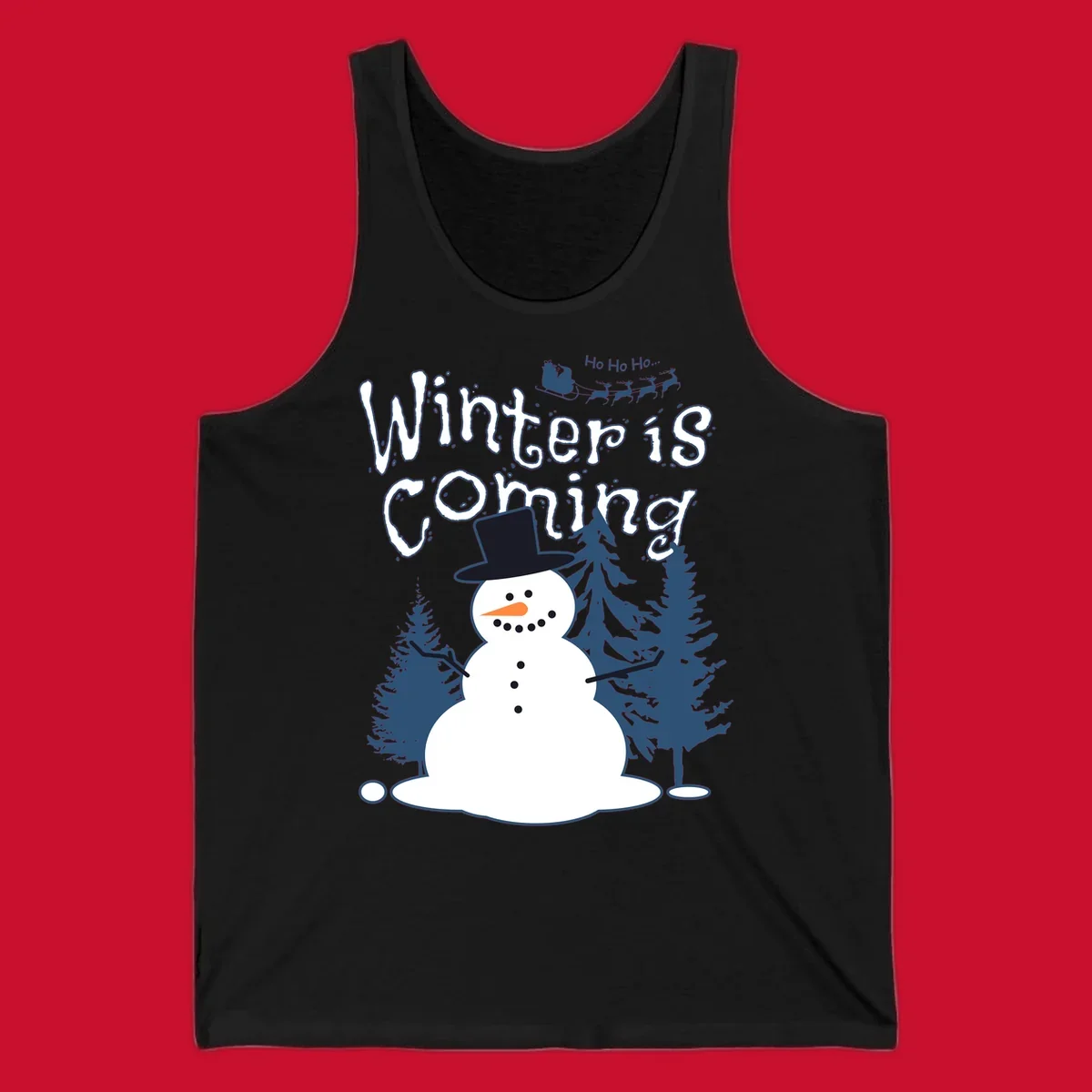 Winter is coming snowman with trees and Santa sleigh illustration.