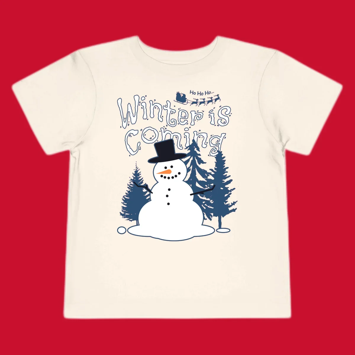 Winter is coming snowman with trees and Santa sleigh illustration.