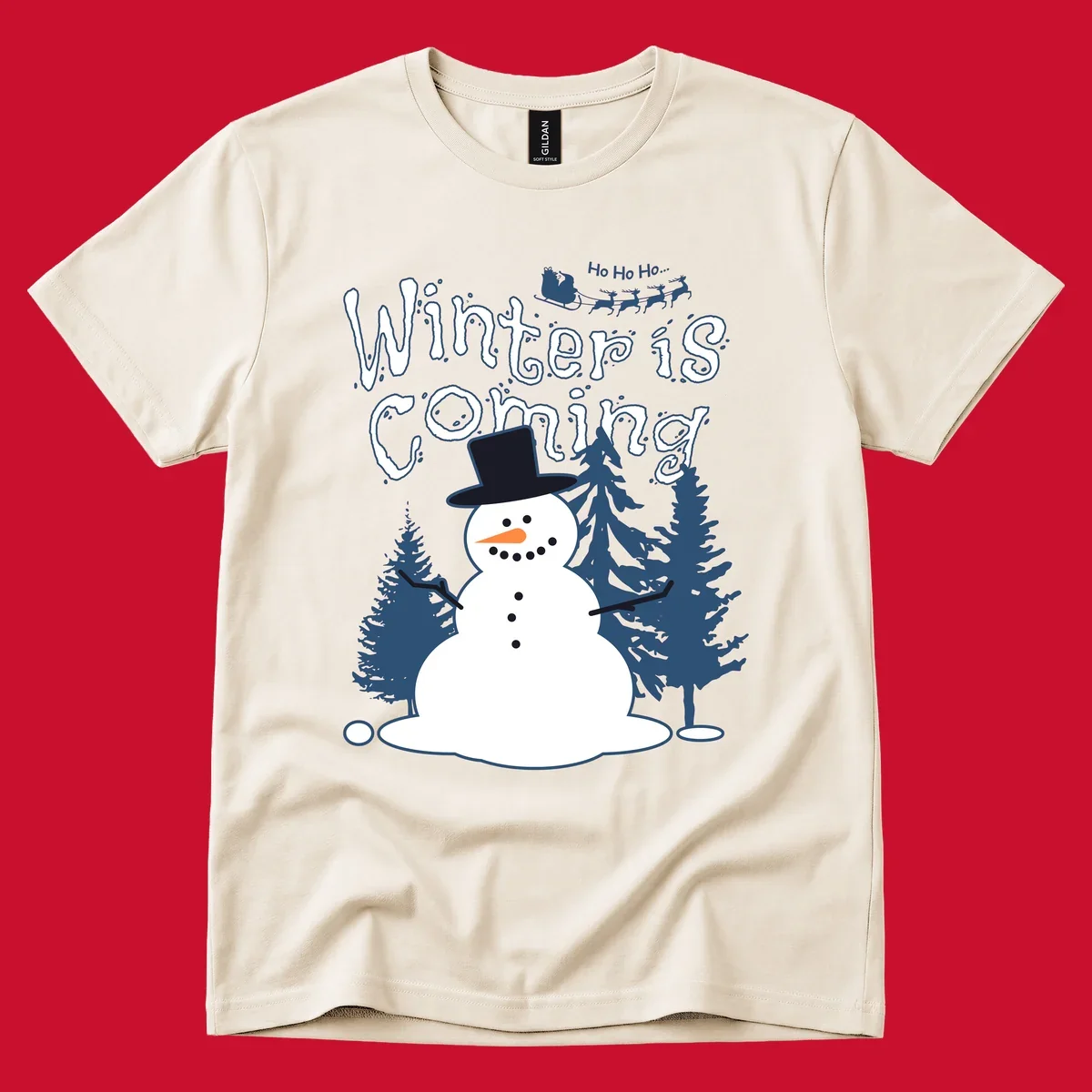 Winter is coming snowman with trees and Santa sleigh illustration.