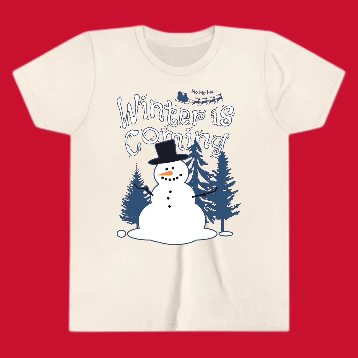 Winter is coming snowman with trees and Santa sleigh illustration.