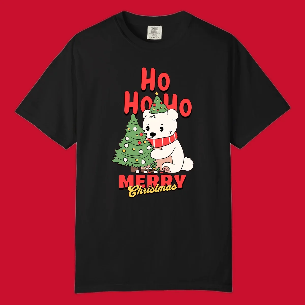 Polar bear with christmas tree and text HO HO HO MERRY Christmas