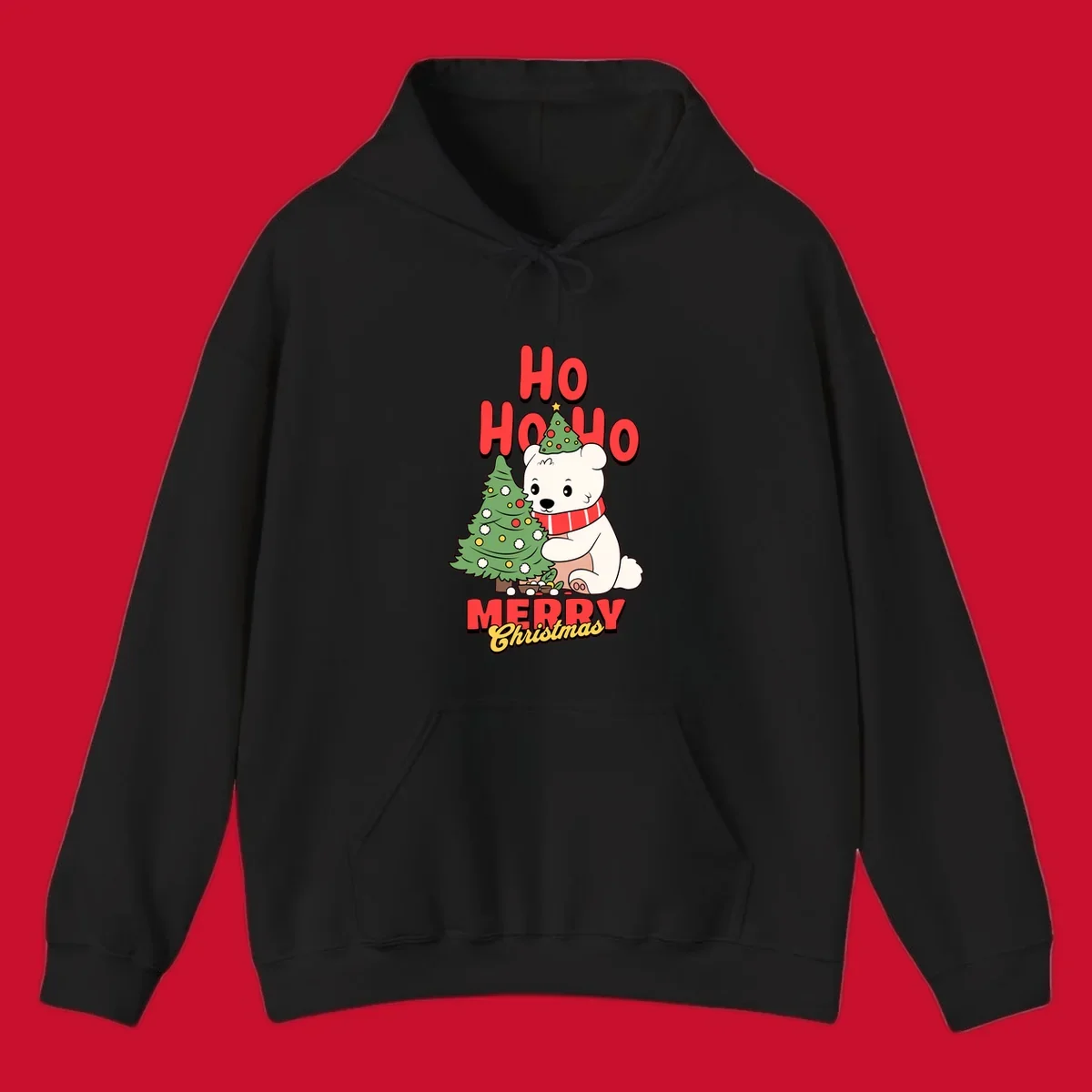 Polar bear with christmas tree and text HO HO HO MERRY Christmas