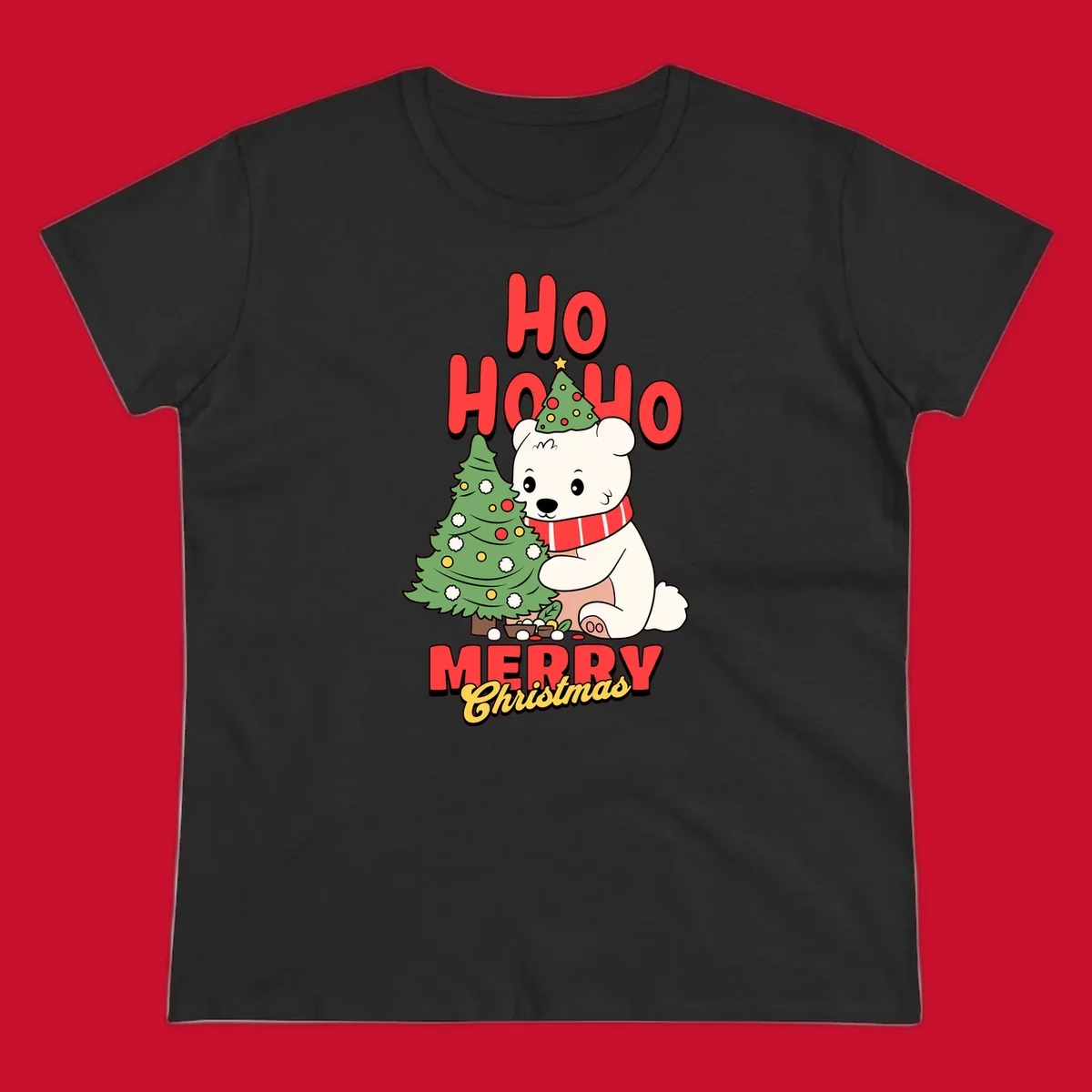 Polar bear with christmas tree and text HO HO HO MERRY Christmas