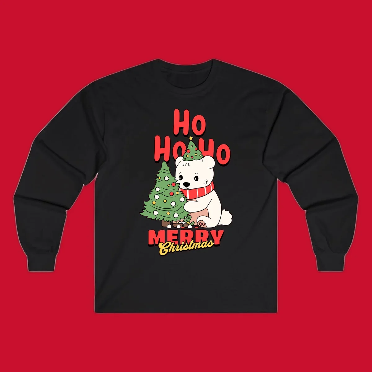 Polar bear with christmas tree and text HO HO HO MERRY Christmas