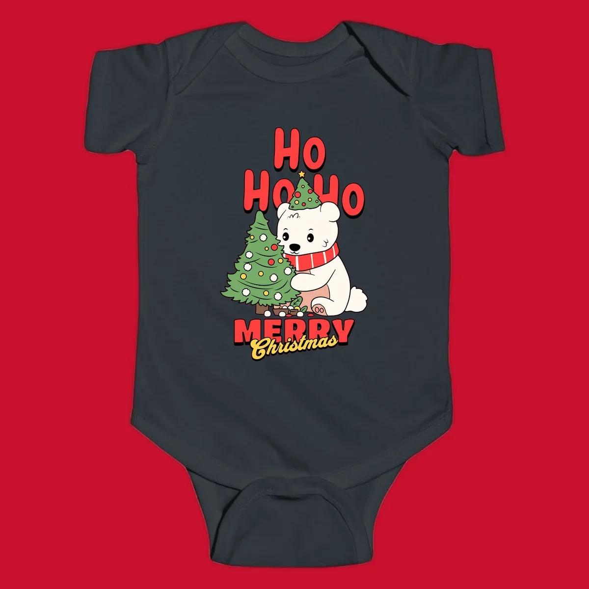 Polar bear with christmas tree and text HO HO HO MERRY Christmas