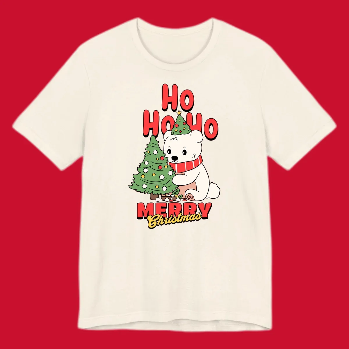 Polar bear with christmas tree and text HO HO HO MERRY Christmas