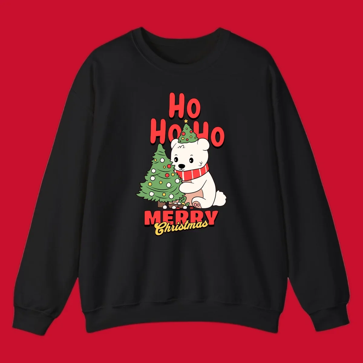 Polar bear with christmas tree and text HO HO HO MERRY Christmas