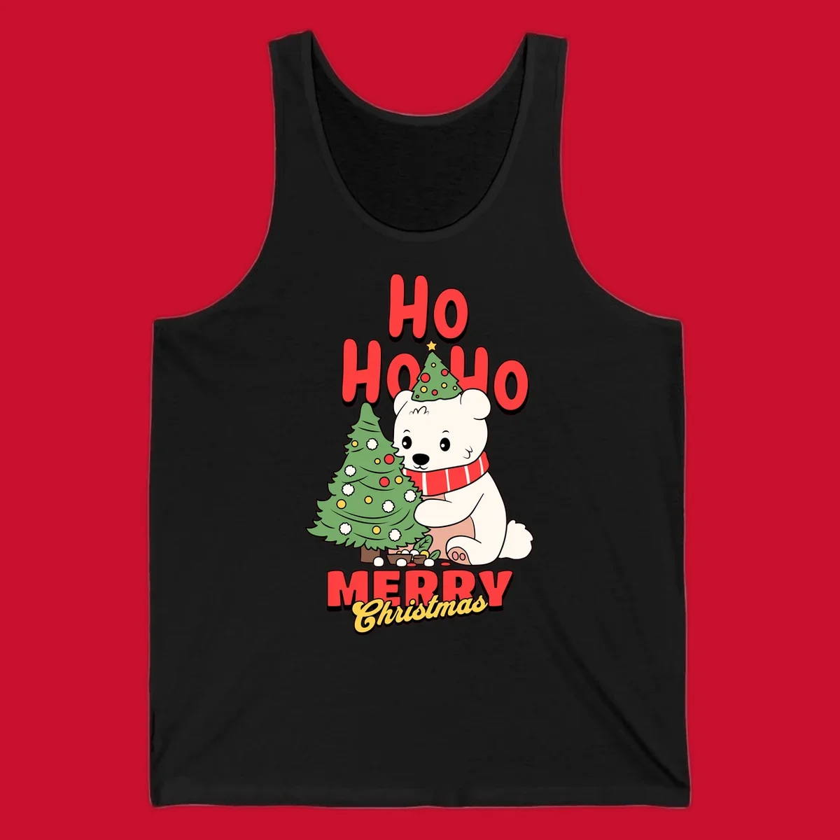 Polar bear with christmas tree and text HO HO HO MERRY Christmas