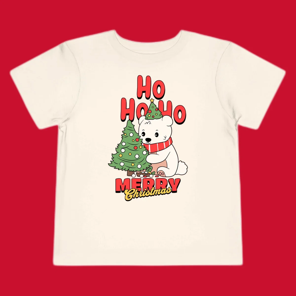 Polar bear with christmas tree and text HO HO HO MERRY Christmas