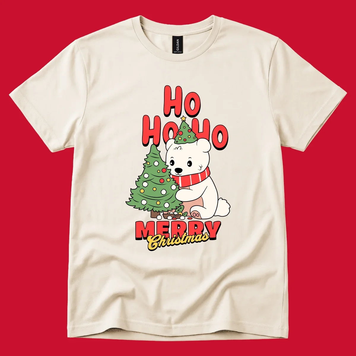 Polar bear with christmas tree and text HO HO HO MERRY Christmas