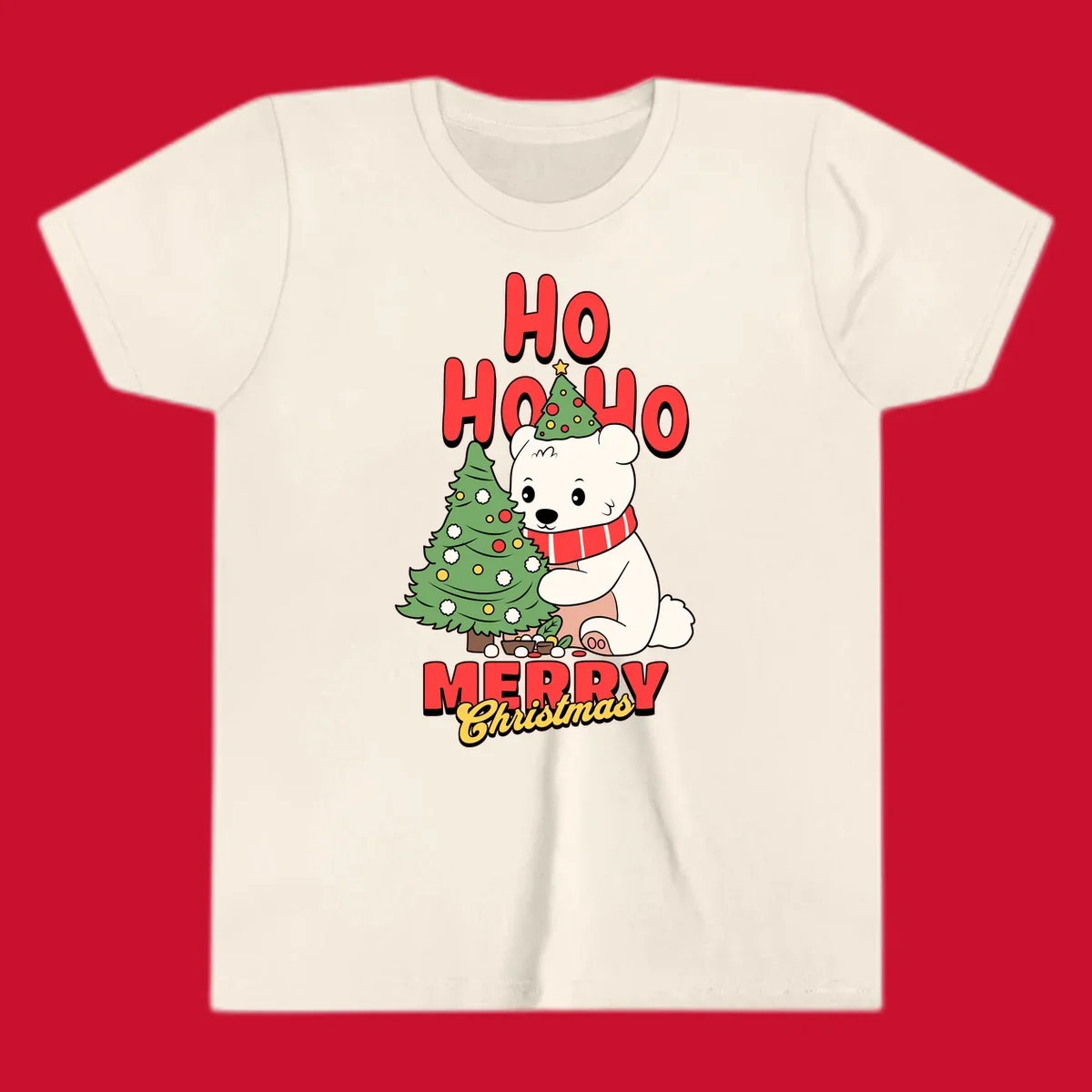Polar bear with christmas tree and text HO HO HO MERRY Christmas