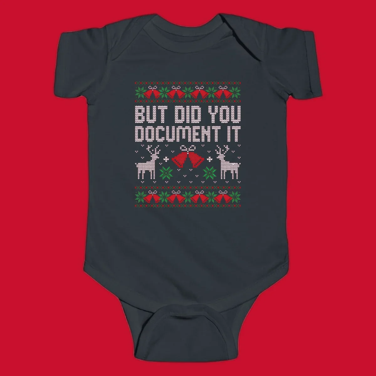But Did You Document It ugly Christmas sweater with reindeer and bells.