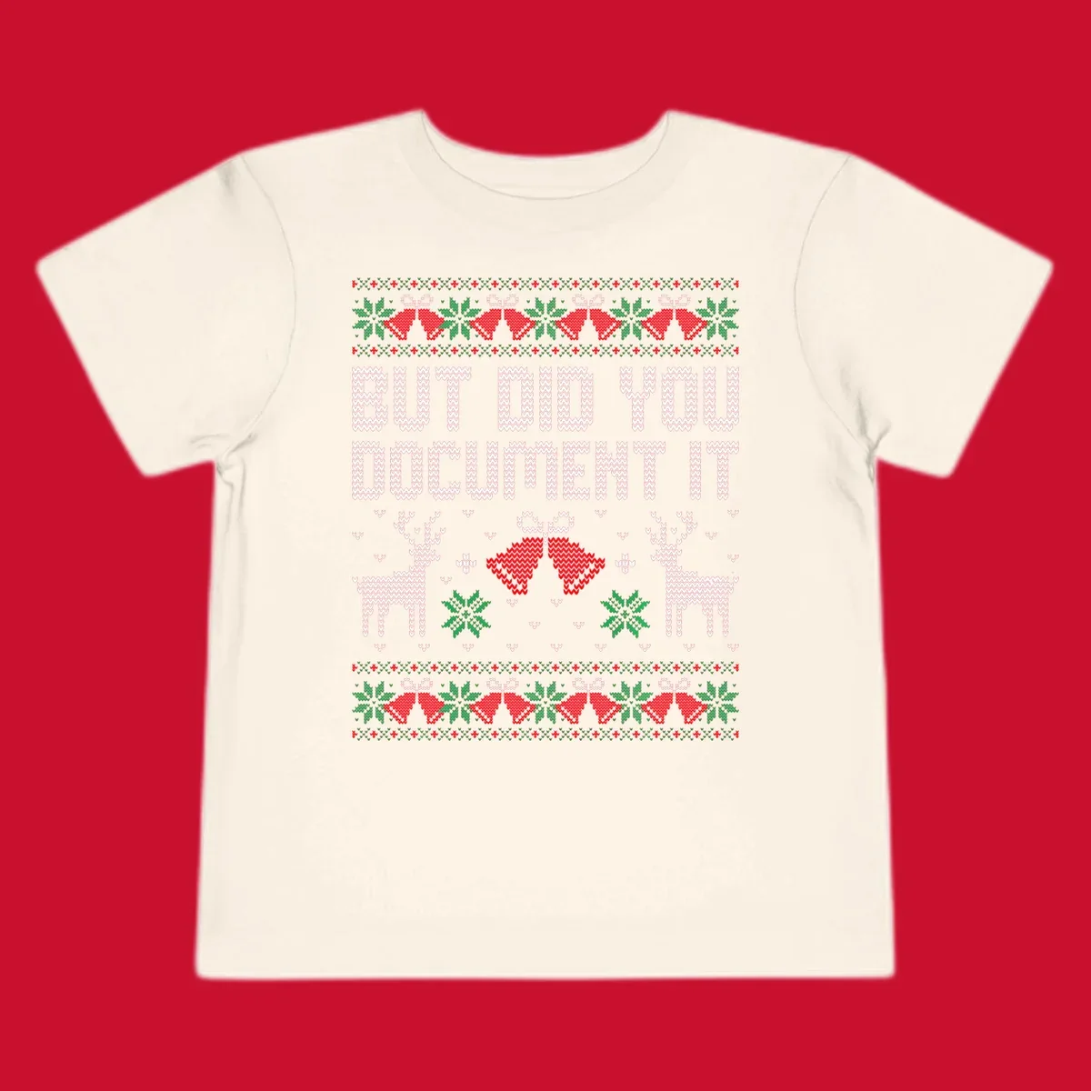 But Did You Document It ugly Christmas sweater with reindeer and bells.