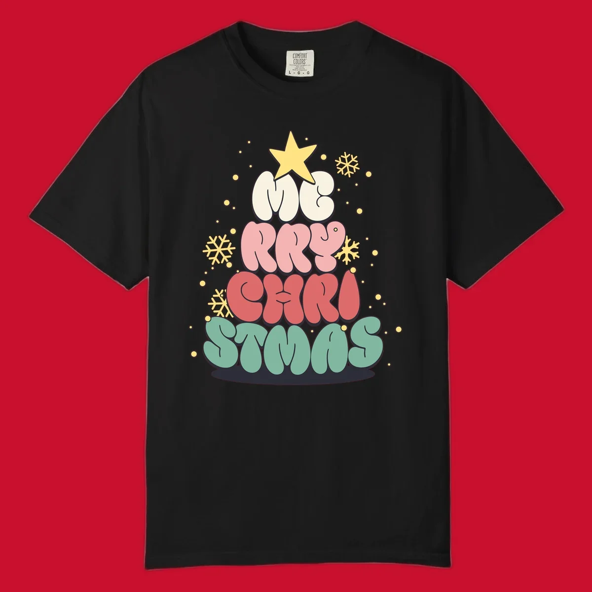 Retro bubble letter Christmas tree with snowflakes and star, text reads Merry Christmas.