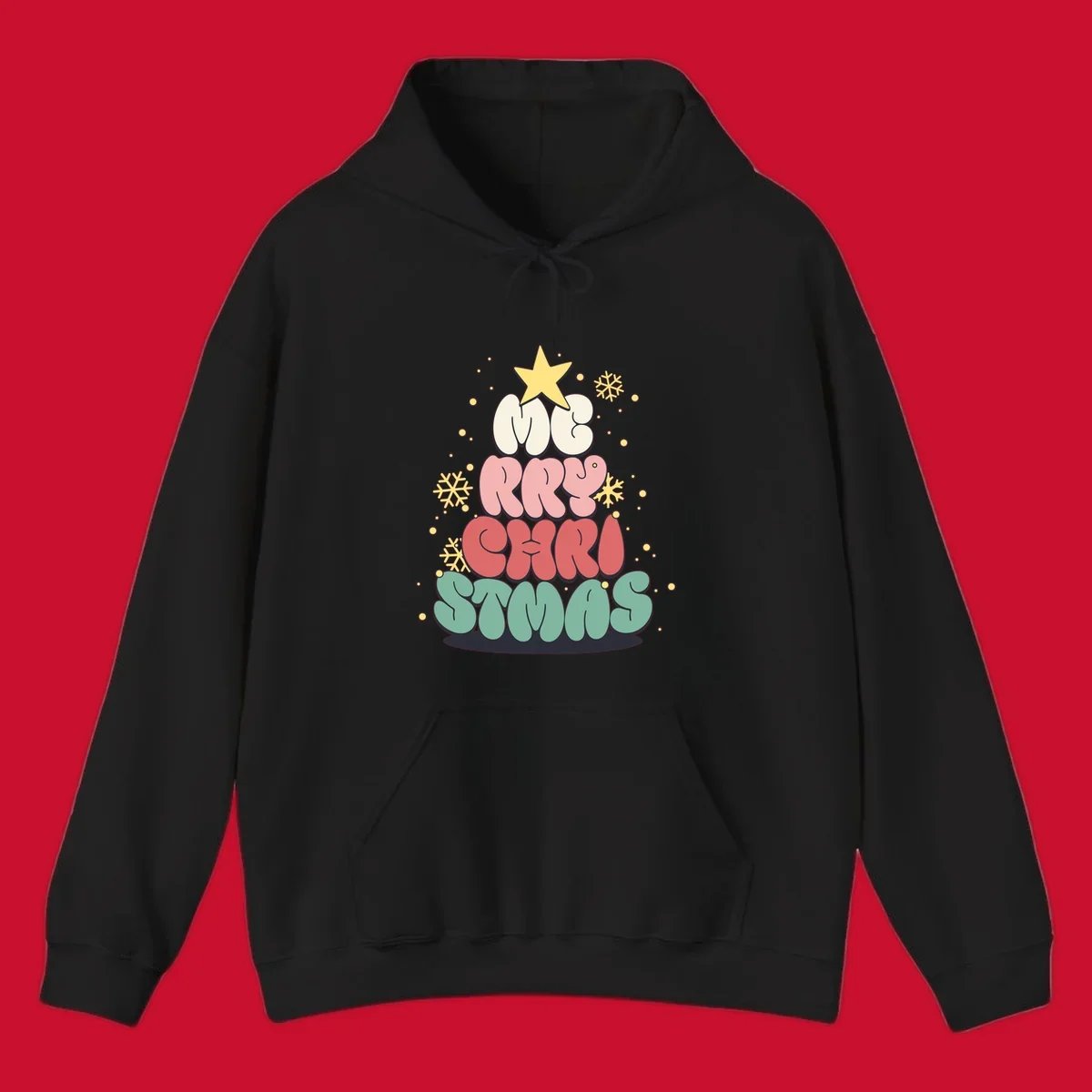 Retro bubble letter Christmas tree with snowflakes and star, text reads Merry Christmas.