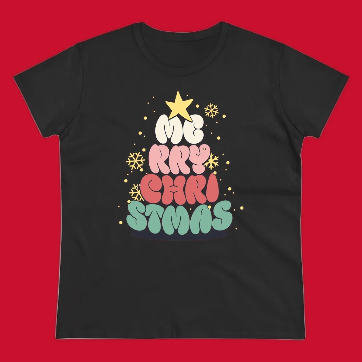 Retro bubble letter Christmas tree with snowflakes and star, text reads Merry Christmas.