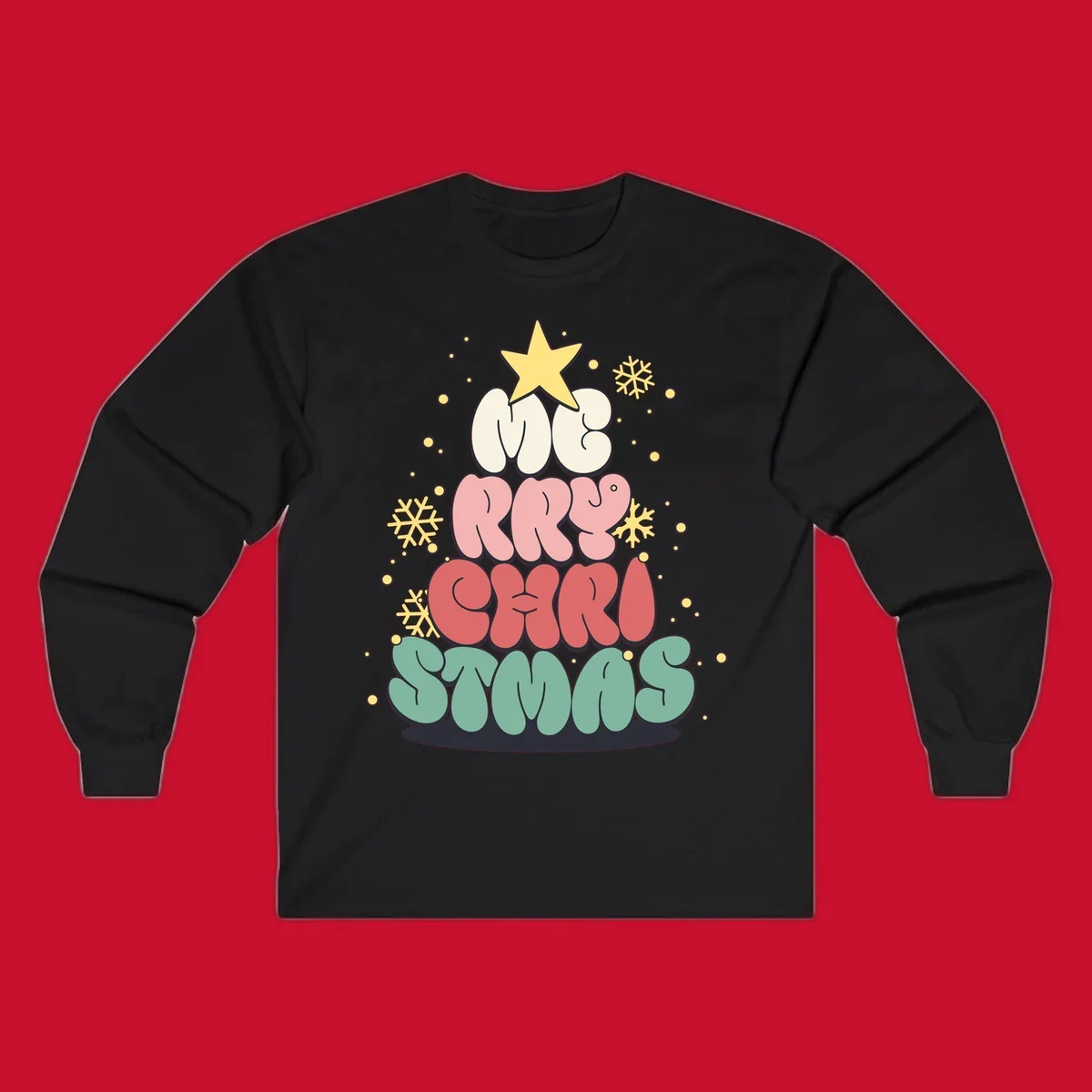 Retro bubble letter Christmas tree with snowflakes and star, text reads Merry Christmas.