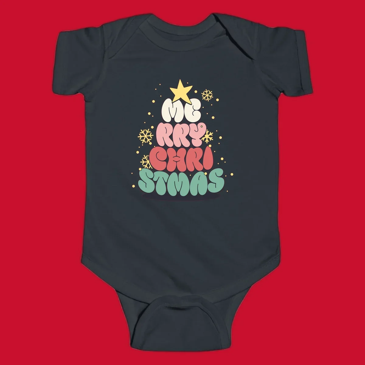 Retro bubble letter Christmas tree with snowflakes and star, text reads Merry Christmas.
