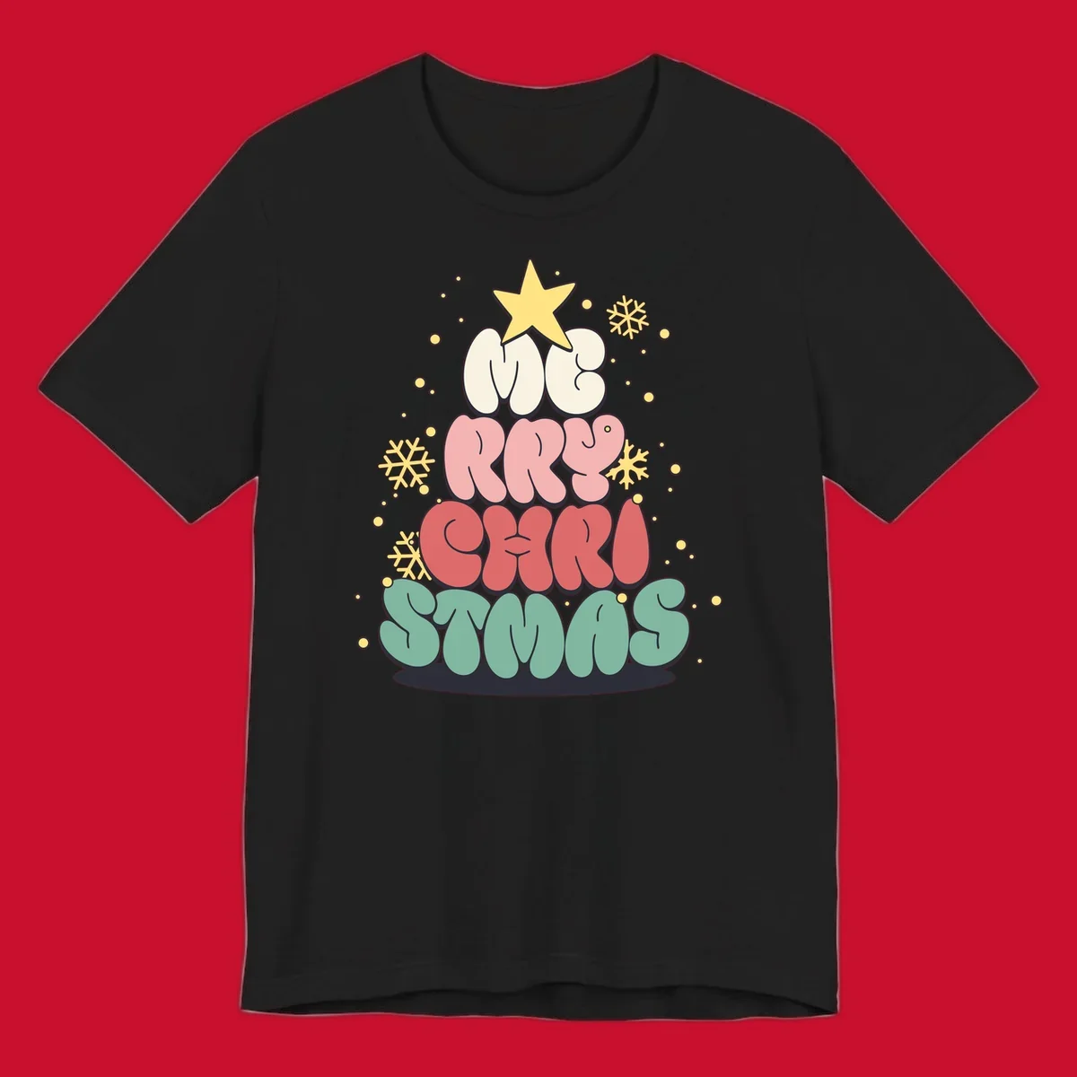 Retro bubble letter Christmas tree with snowflakes and star, text reads Merry Christmas.