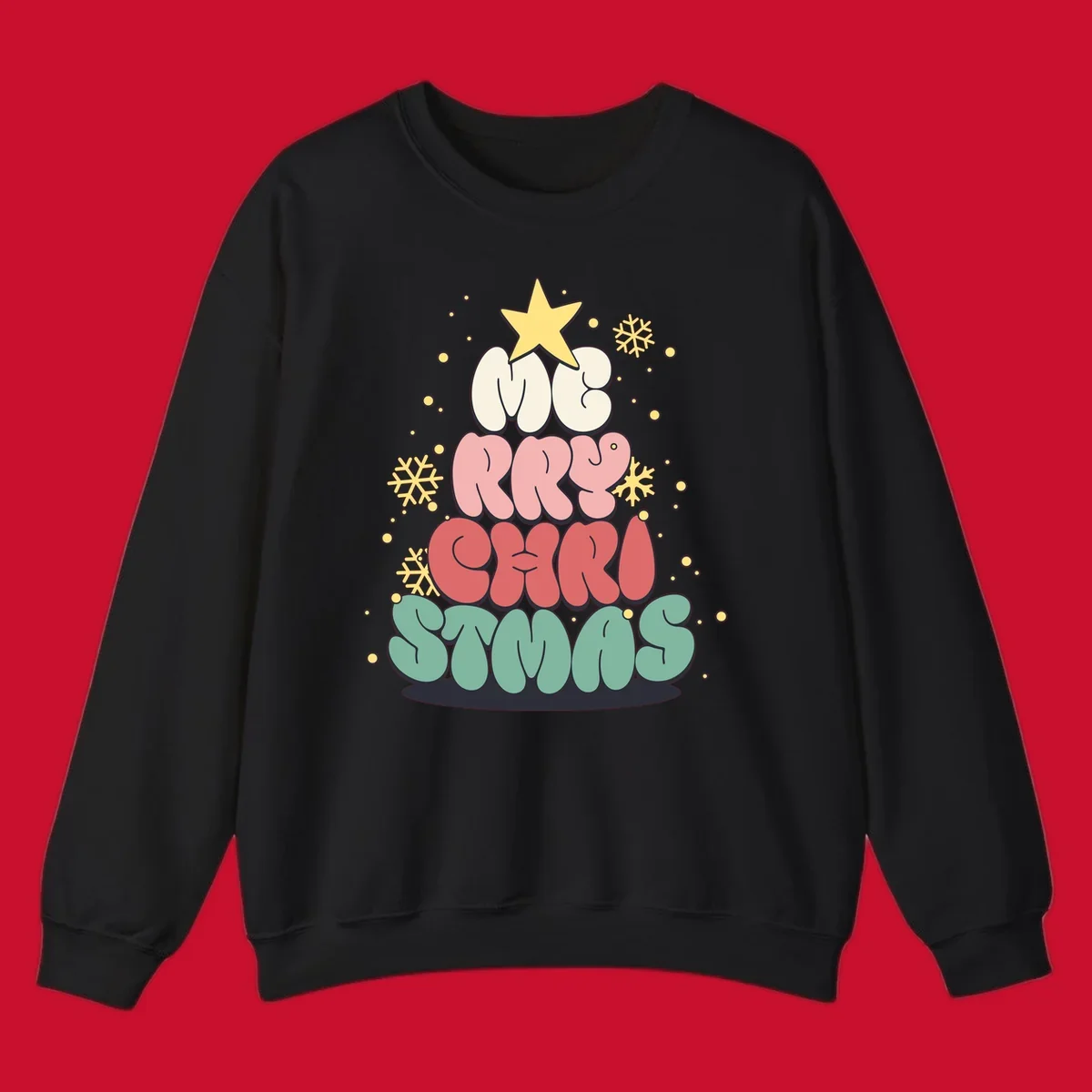 Retro bubble letter Christmas tree with snowflakes and star, text reads Merry Christmas.
